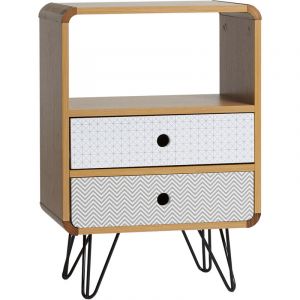 Table Chevet Buda 2 Tiroirs, Couleur ch&ecirc;ne, Jambes en m&eacute;tal en Noir