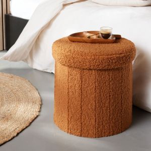 Pouf coffre rond en tissu bouclette 38x38 cm