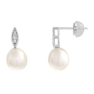Cleor Pendants d'oreilles en or 375/1000 avec perles et diamants - blanc