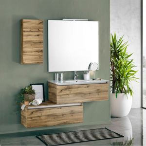 Ensemble suspendu simple vasque modulable PERTH 100 cm - 2 tiroirs + unité murale + miroir + applique LED - chêne miel