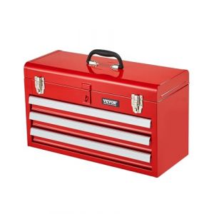 VEVOR Boîte à Outils Métal, 520 mm, Caisse à Outils Acier Portable avec 3 Tiroirs Coulissants Roulement à Billes, Petit Coffre Outillage Multifonction, Doublure EVA, Finition Revêtement Poudre, Rouge
