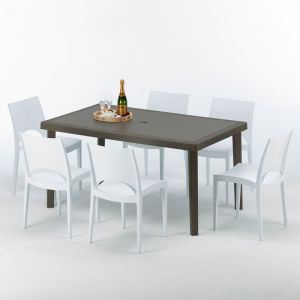 Grand Soleil Table rectangulaire 6 chaises Poly rotin resine 150x90 marron | Paris Blanc