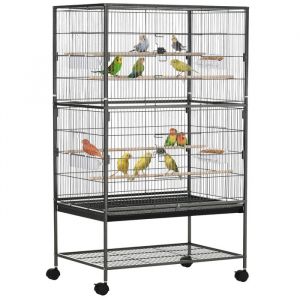 Pawhut Cage à oiseaux sur pied - volière oiseaux intérieur - 4 perchoirs en bois et mangeoires 6 portes plateau - gris foncé