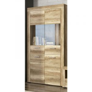 Pegane Vitrine haute, meuble de rangement coloris chene vieilli - Longueur 100 x profondeur 34,60 x hauteur 177 cm -