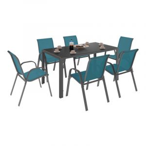 Idmarket Salon de jardin madrid table 150 cm et 6 chaises empilables bleu canard