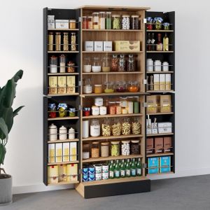 Idmarket Buffet haut armoire de cuisine H.160 cm ALTO 4 portes avec rangements fa&ccedil;on h&ecirc;tre et noir