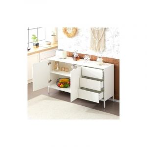 Buffet blanc, buffet 150 cm avec étagères réglables et 3 tiroirs, motif ondulé, pour cuisine, salon, couloir