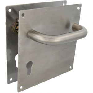 Amig - Jeu de poignées avec plaque pour porte | Poignée avec serrure à clé à 70 mm | Mod. 3CB70 | Acier inoxydable 18/8 | 180 x 180 mm | Carré de 8 mm | Argenté mat
