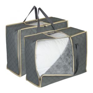 Image de Relaxdays Sac de rangement pour couettes, 2 pi&egrave;ces, zip 3 c&ocirc;t&eacute;s, respirant, non-tiss&eacute;, housse sous lit, gris