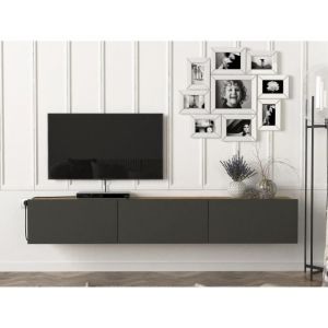 Meuble TV suspendu avec 3 portes - Anthracite et Naturel clair - VIKILA