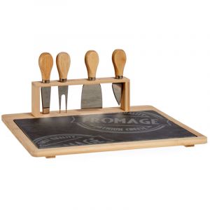 Wadiga Plateau à fromages en bambou et ardoise et ses 4 couteaux de service
