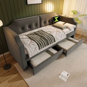 Wishdor - Lit enfant capitonn&eacute; canap&eacute;-lit 90 x 200 cm avec lampe de lecture usb Type-C, 2 tiroirs, sommier &agrave; lattes, velours, gris, sans matelas