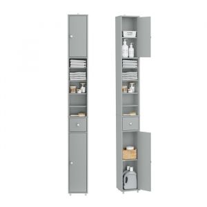Sobuy Meuble colonne salle de bain, armoire de toilette avec 4 &eacute;tag&egrave;res r&eacute;glables, 1 tiroirs et 2 portes, gris，20x20x180cm, bzr34-hg