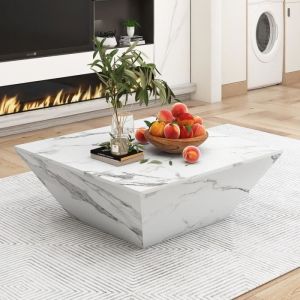 Table basse ¨¤ haute brillance de tambour moderne, Table basse trap¨zodale de placage de marbre blanc, 70x70x37cm