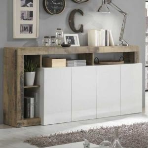 Image de Buffet moderne en bois 4 portes Blanc laqu&eacute; brillant/Bois fum&eacute; - positano - l 184 x l 42 x h 93 cm - Bois