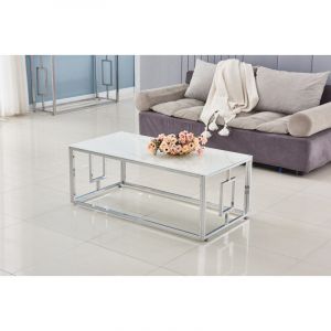 Homy France - Table basse plateau en verre marbr&eacute; blanc pieds chrom&eacute;s 120 cm - sophie