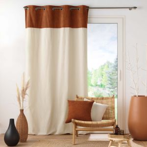 Douceur d'int&eacute;rieur - Rideau &agrave; &oelig;illets HOWEY - Polycoton et top bouclette unie - 140 x 240 cm - Ecru et camel - Douceur d'int&eacute;rieur
