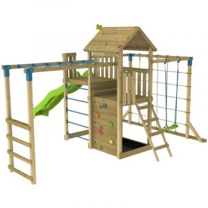 TP Toys Aire de jeux tilleul skywood double plateforme - filet &agrave; grimper - balan&ccedil;oire - bac a sable - toboggan - bois fsc