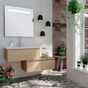 Meuble de salle de bain simple vasque - 2 tiroirs - bambou (chêne clair) - PENA et miroir Led STAM - 120cm