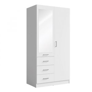 Meublorama - Armoire kalista 101 cm blanc mat avec miroir et 3 tiroirs – 2 portes battantes