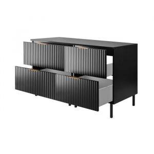 Furnidea - Meuble sous double vasque avec plan sur pieds FLOW noir 120 cm - 4 tiroirs - fa&ccedil;ades rainur&eacute;es