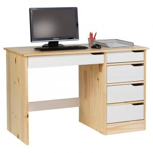 Image de Idimex Bureau HUGO avec rangement 5 tiroirs style scandinave en pin massif vernis naturel et lasuré blanc