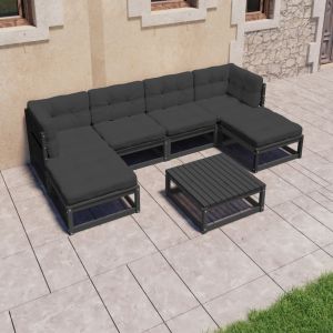 VidaXL Salon de jardin 7 pcs avec coussins, Noir Bois de pin massif