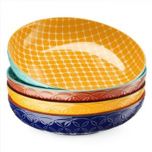 DOWAN Lot de 4 bols à pâtes vibrants, grands bols à salade de 8,5 pouces, bols de service à pâtes en porcelaine de 34 oz, bols pour pâtes, salade, soupe, flocons d'avoine, motif assorti, cadeau idéal pour une pendaison de crémaillère