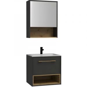 Meuble de salle de bain suspendu anthracite avec vasque à encastrer et armoire de toilette - 60 cm - YANGRA