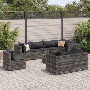 VidaXL Salon de jardin 9 pcs avec coussins Gris Résine tressée, ensemble de canapés d'extérieur, canapé d'angle de jardin, salon de jardin d'angle 3308202