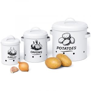 Relaxdays Boîte de conservation pour pommes de terre, oignons et ail, lot de 3, avec couvercle, aérations, métal, blanc