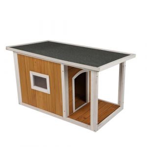 Toilinux - Niche pour chien Lucky avec patio et fenêtre en bois naturel