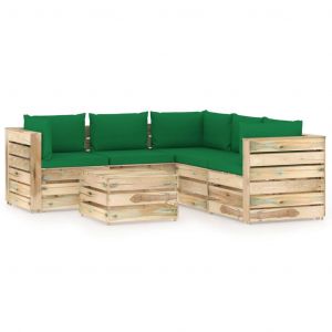 VidaXL Salon de jardin 6 pcs, avec coussins, Bois imprégné de vert