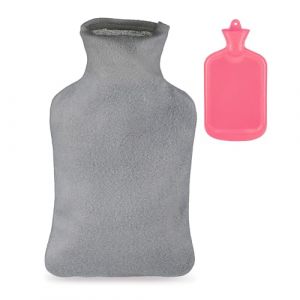 Relaxdays Bouillotte, 2 litres, Housse, Enfants & Adultes, Caoutchouc, chaufferette avec Bouchon à Visser, Rose - Gris