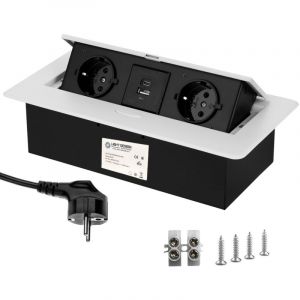Multiprise Escamotable &agrave; Encastrer 2 Prises schuko, 2 Ports usb(a+c) et C&acirc;ble de 3 M&egrave;tres pour Bureau, Salle de R&eacute;union et Plan de Travail (Blanc)