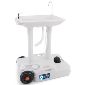 SereneLife SLCASN25 Évier Portable Serviette et Distributeur de Savon-Support roulettes – Lavabo Mobile pour événements en Plein air, rassemblements et Camping Mixte, White, 30L
