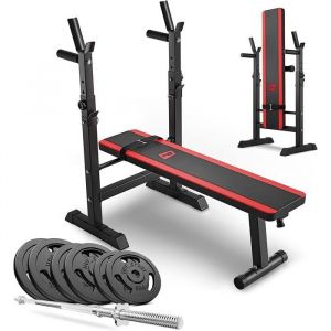 Hop-Sport Banc de Musculation Pliable Plat HS-1080 et Ensemble d&rsquo;halt&egrave;res, Disques de Poids en Fonte de 69 kg, Avec Support Barre Longue R&eacute;glable, Charge Max. 270 kg