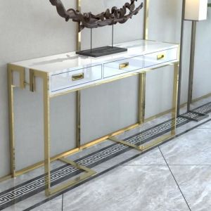Table Console Pied Couleur Or Avec Tiroirs Table De Couloir Rectangulaire Luxuria - Blanc