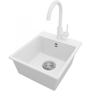 Primagran - Evier Cuisine en Granit 38x44cm, Lavabo 1 bac + Robinet 32x20cm + Kit de Vidage, &Eacute;vier &agrave; Encastrer au meuble 40cm - Riga Easy, Blanc