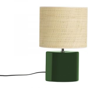 Miliboo Lampe à poser en céramique vert foncé et abat-jour en raphia naturel H40 cm tiga