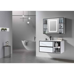 LuxuryBain- Meuble de salle de bain simple vasque 100cm blanc effet marbre avec miroir LED et colonne de rangement LB-6948