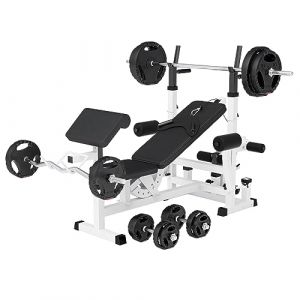 Gorilla Sports Ensemble de musculation avec 46 éléments (Banc inclinable, set d'haltères plastique avec grip, dalles de protection de sol) Blanc