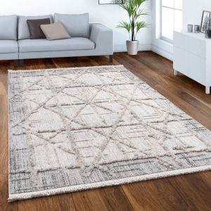 Paco Home - Tapis De Salon Poils Ras Motif Boho Geometrique 3D Franges Cr&egrave;me 120 cm rond