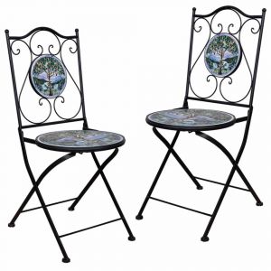 Deux chaises en fer forgé et mosaïque noires