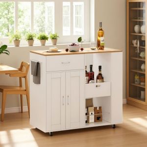 Desserte de Cuisine - &Icirc;lot &agrave; Roulettes - 102x46x92 cm - 2 Portes - 1 Tiroir - Blanc