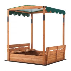 Bac à sable carré en bois avec bancs rabattables et toit réglable 145 x 118 x 118 cm - Bois