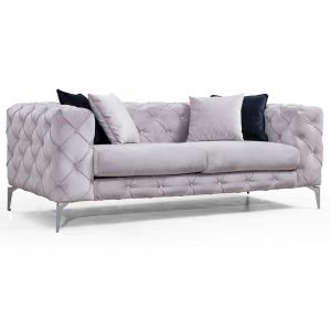 LesTendances Canapé 2 places capitonnage Chesterfield velours gris clair pieds chromé Herakles 197 cm