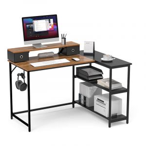 Mondeer - Bureau d'Angle en Forme de l, avec 2 &Eacute;tag&egrave;res 120x88.5x90cm,Brun Vintage et Noir