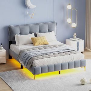 Lit rembourré 160x200cm - avec éclairage led sous le lit et sommier à lattes - Gris