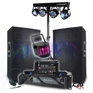 PACK SONO DJ 3400W Ampli 2000W, Paire d'Enceintes Passives 2x700W, Table de Mixage, Portique 8 Lumières LED, Casque Micro Câbles